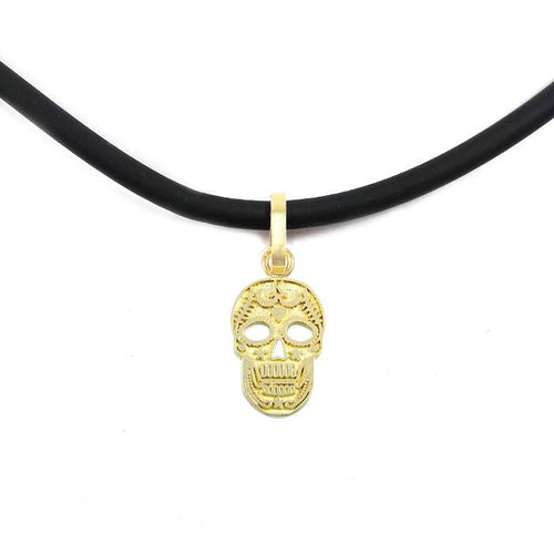 DIJE KRÁNIO SKULL Y GARGANTILLA CAUCHO NEGRO BROCHE CHAPA DE ORO