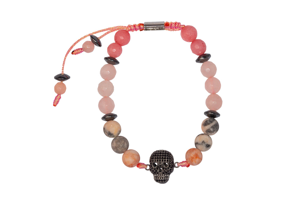 PULSERA PIEDRAS ROSAS CUARZO  CALAVERA